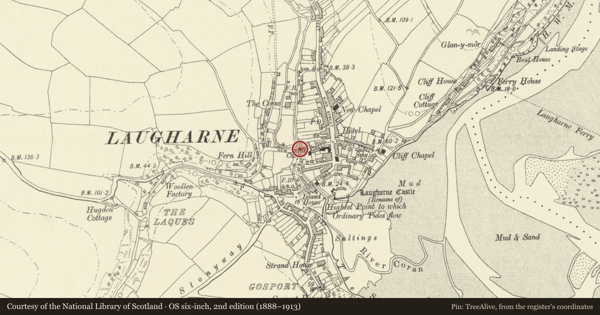Ordnance Survey six-inch map, 2nd edition (1888–1913) covering the location of Coran Bridge, Laugharne Township, Carmarthenshire, with a pin at the register's coordinates