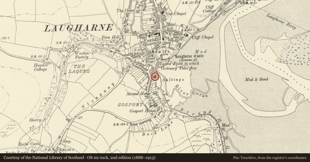 Ordnance Survey six-inch map, 2nd edition (1888–1913) covering the location of The Strand, Laugharne Township, Carmarthenshire, with a pin at the register's coordinates