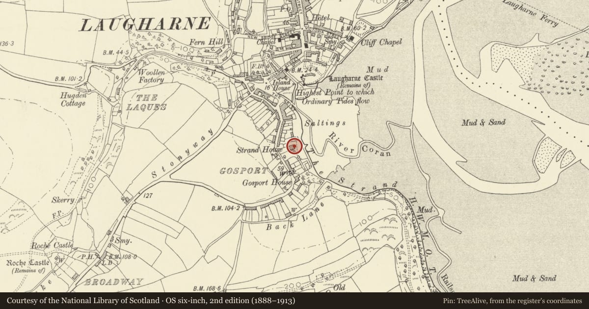 Ordnance Survey six-inch map, 2nd edition (1888–1913) covering the location of Strand House, Laugharne Township, Carmarthenshire, with a pin at the register's coordinates