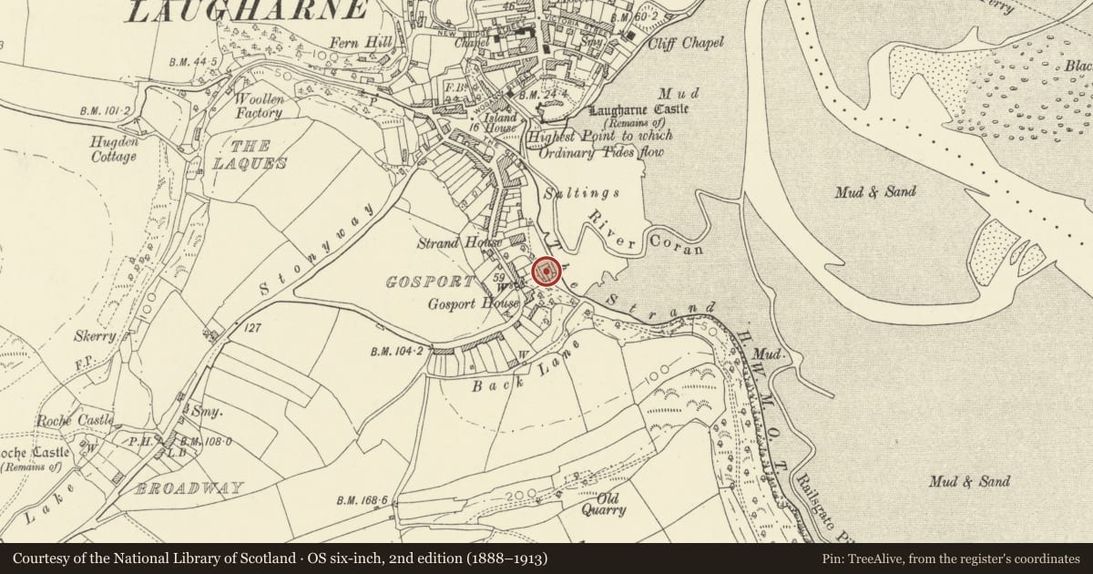 Ordnance Survey six-inch map, 2nd edition (1888–1913) covering the location of Ball Court, Laugharne Township, Carmarthenshire, with a pin at the register's coordinates