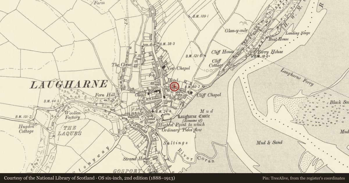 Ordnance Survey six-inch map, 2nd edition (1888–1913) covering the location of Victoria House, Laugharne Township, Carmarthenshire, with a pin at the register's coordinates