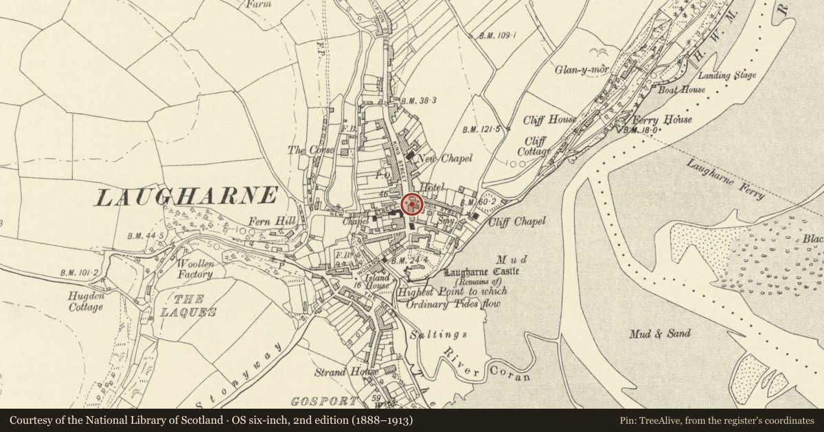 Ordnance Survey six-inch map, 2nd edition (1888–1913) covering the location of New Three Mariners P.H., Laugharne Township, Carmarthenshire, with a pin at the register's coordinates