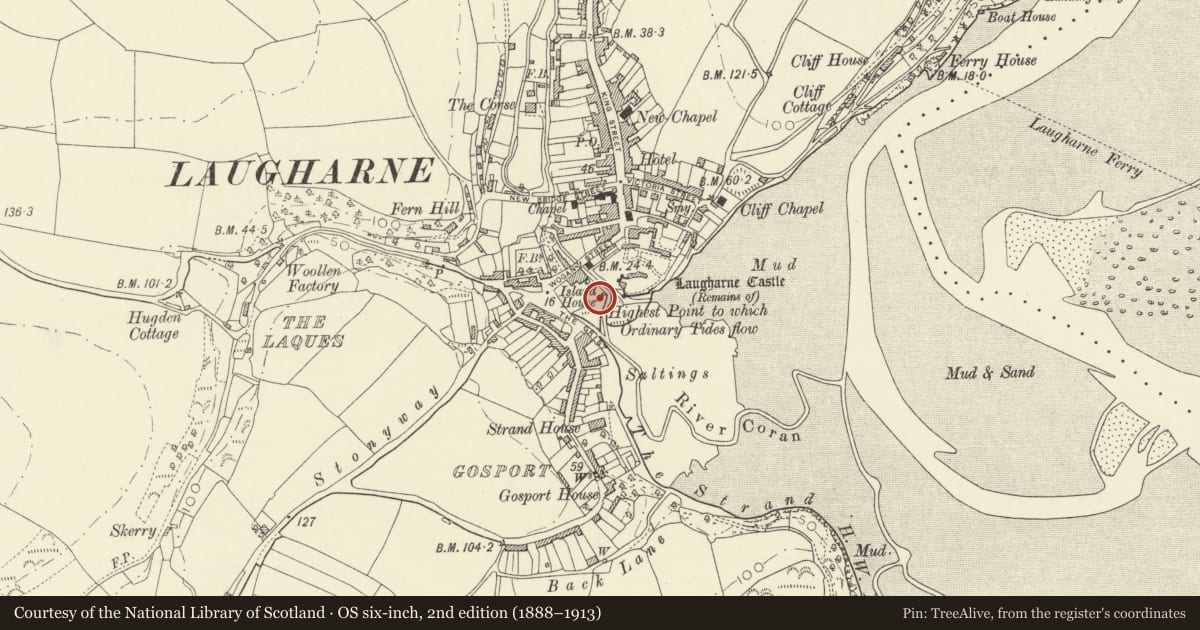 Ordnance Survey six-inch map, 2nd edition (1888–1913) covering the location of Boundry Wall to Island House, Laugharne Township, Carmarthenshire, with a pin at the register's coordinates