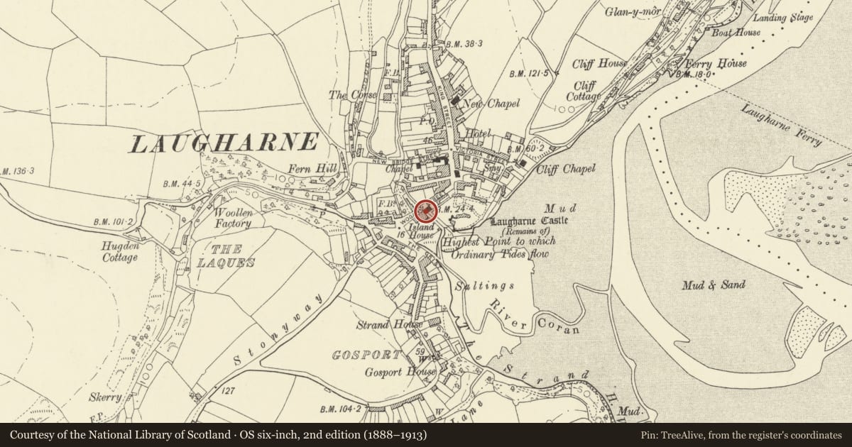 Ordnance Survey six-inch map, 2nd edition (1888–1913) covering the location of Garage to Island House, Laugharne Township, Carmarthenshire, with a pin at the register's coordinates
