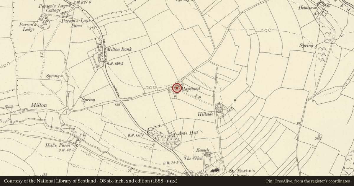 Ordnance Survey six-inch map, 2nd edition (1888–1913) covering the location of Mapsland, Laugharne Township, Carmarthenshire, with a pin at the register's coordinates