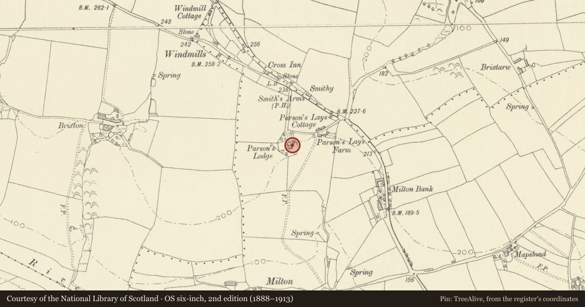 Ordnance Survey six-inch map, 2nd edition (1888–1913) covering the location of Parson's Lodge, Laugharne Township, Carmarthenshire, with a pin at the register's coordinates