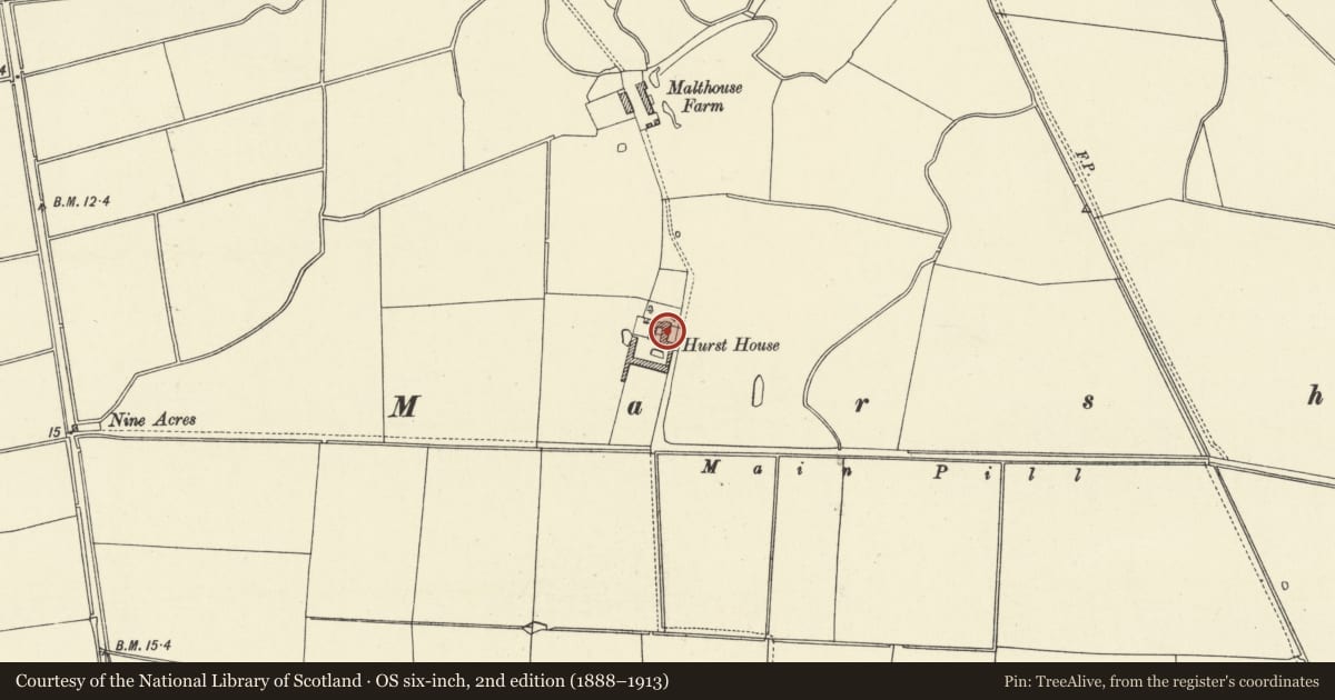 Ordnance Survey six-inch map, 2nd edition (1888–1913) covering the location of Hurst House, Laugharne Township, Carmarthenshire, with a pin at the register's coordinates