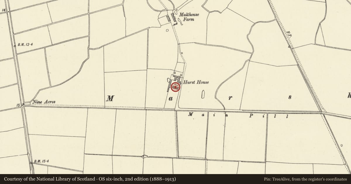 Ordnance Survey six-inch map, 2nd edition (1888–1913) covering the location of Farm Square at Hurst House, Laugharne Township, Carmarthenshire, with a pin at the register's coordinates