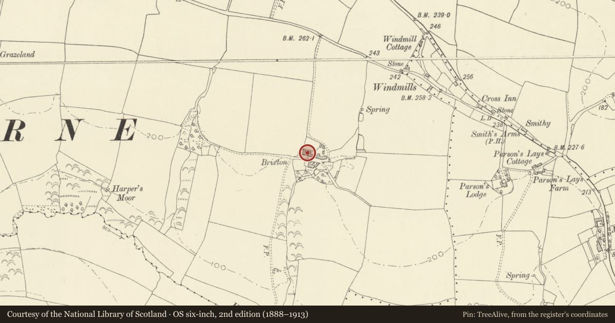 Ordnance Survey six-inch map, 2nd edition (1888–1913) covering the location of Brixton Farmhouse, Laugharne Township, Carmarthenshire, with a pin at the register's coordinates