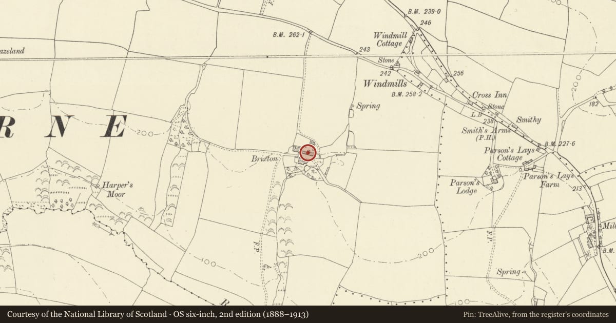 Ordnance Survey six-inch map, 2nd edition (1888–1913) covering the location of Cowhouse & Corn Store (including attached range to E.) at Brixton Farm, Laugharne Township, Carmarthenshire, with a pin at the register's coordinates