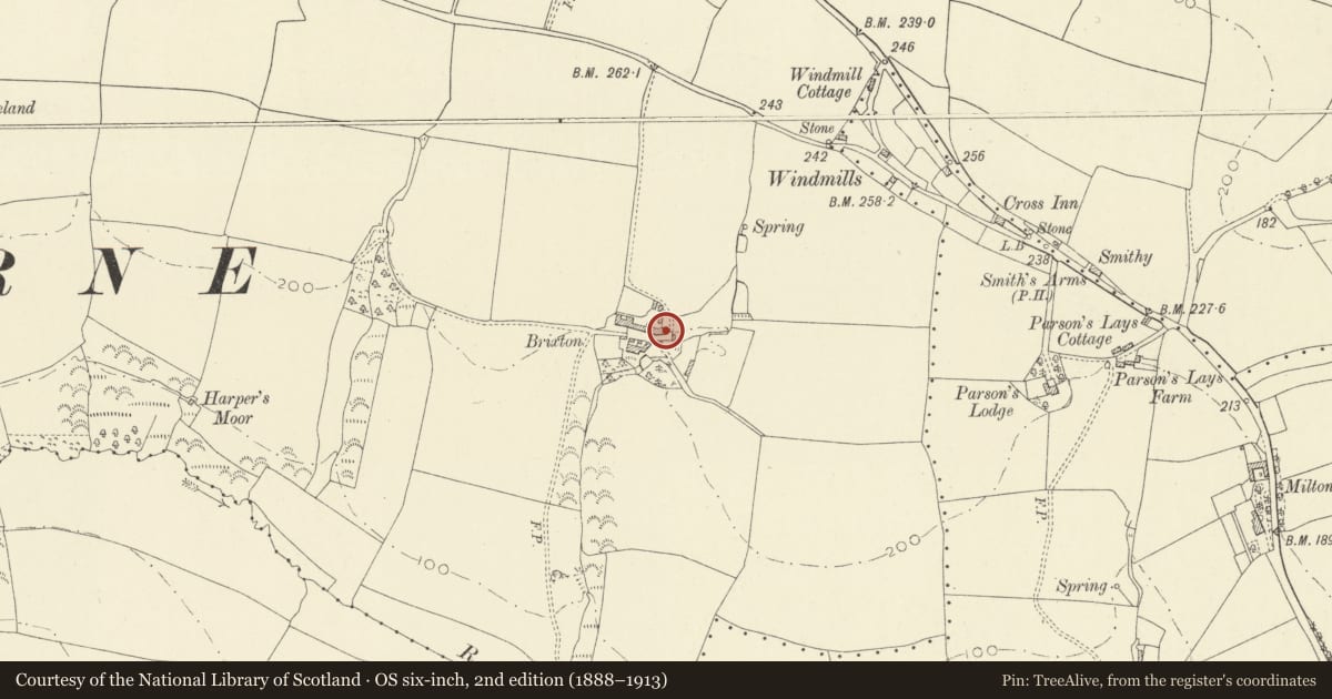 Ordnance Survey six-inch map, 2nd edition (1888–1913) covering the location of Cartshed & Stable at Brixton Farm, Laugharne Township, Carmarthenshire, with a pin at the register's coordinates