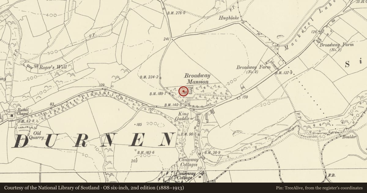 Ordnance Survey six-inch map, 2nd edition (1888–1913) covering the location of Conservatory at Broadway Mansion, Laugharne Township, Carmarthenshire, with a pin at the register's coordinates