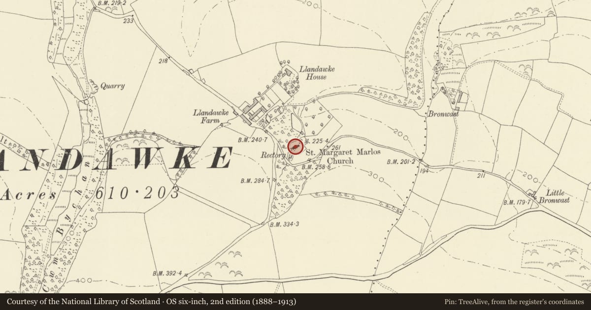 Ordnance Survey six-inch map, 2nd edition (1888–1913) covering the location of Parish Church of St Odoceus, Laugharne Township, Carmarthenshire, with a pin at the register's coordinates