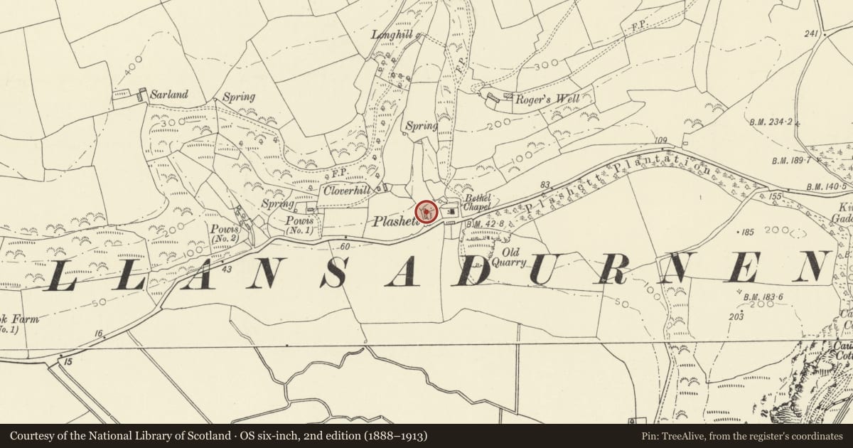 Ordnance Survey six-inch map, 2nd edition (1888–1913) covering the location of Plashett, Laugharne Township, Carmarthenshire, with a pin at the register's coordinates