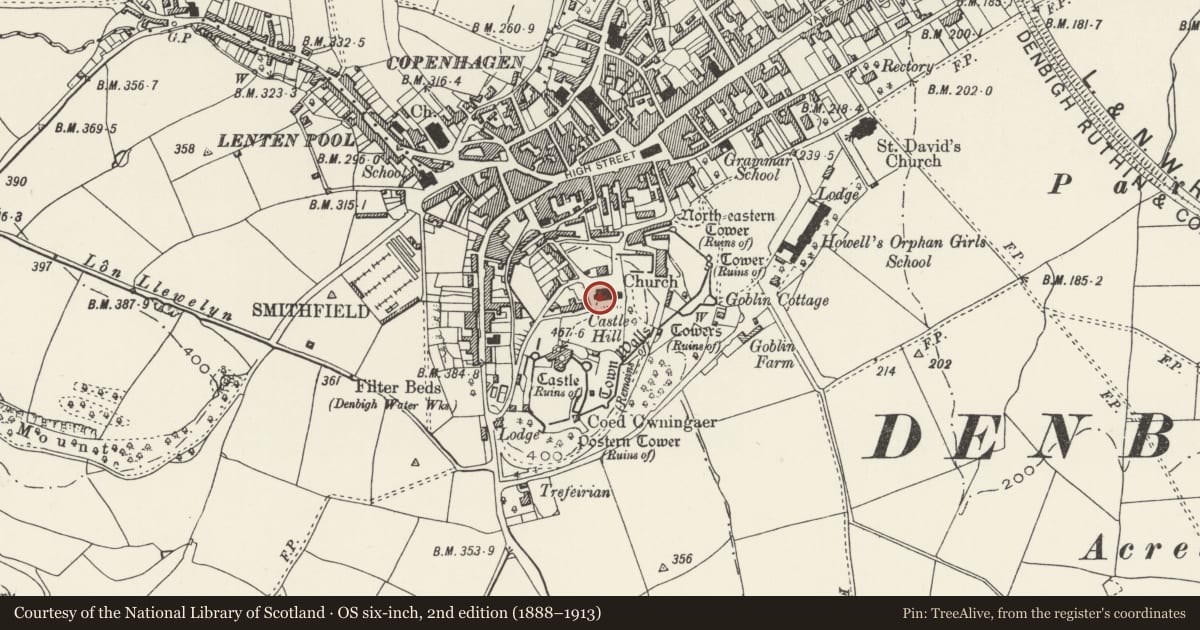Ordnance Survey six-inch map, 2nd edition (1888–1913) covering the location of Tower of St Hilary's Church, Denbigh, Denbighshire, with a pin at the register's coordinates
