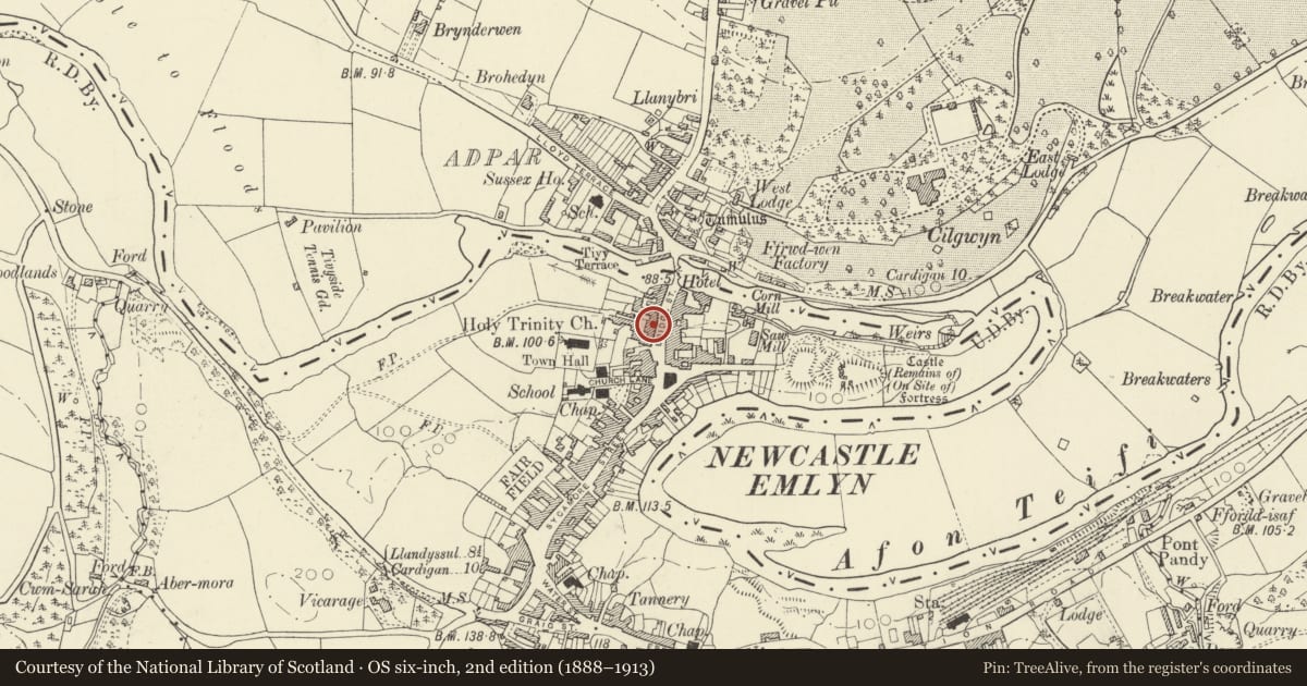 Ordnance Survey six-inch map, 2nd edition (1888–1913) covering the location of The Emlyn Arms Hotel, including attached ranges each side of rear outbuildings, Newcastle Emlyn, Carmarthenshire, with a pin at the register's coordinates