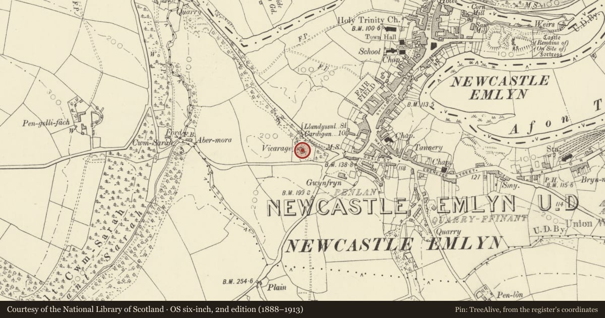 Ordnance Survey six-inch map, 2nd edition (1888–1913) covering the location of The vicarage, Newcastle Emlyn, Carmarthenshire, with a pin at the register's coordinates