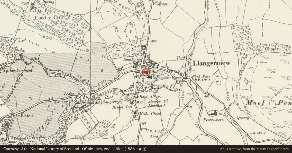 Ordnance Survey six-inch map, 2nd edition (1888–1913) covering the location of Church of St Digain, Llangernyw, Conwy, with a pin at the register's coordinates