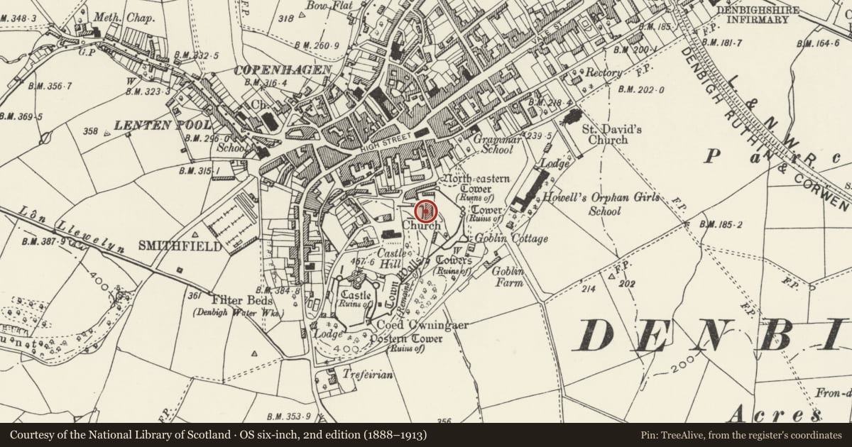 Ordnance Survey six-inch map, 2nd edition (1888–1913) covering the location of Leicester's Church (Remains), Denbigh, Denbighshire, with a pin at the register's coordinates