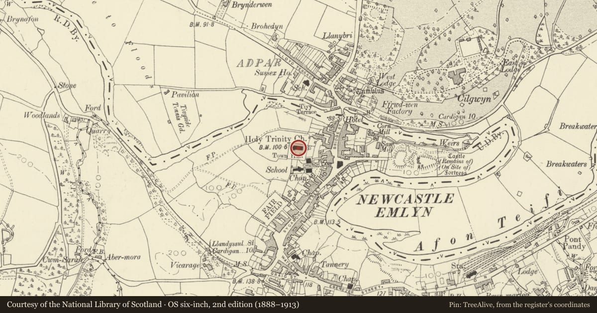 Ordnance Survey six-inch map, 2nd edition (1888–1913) covering the location of Church of the Holy Trinity (including Churchyard Monument & Boundry Walls), Newcastle Emlyn, Carmarthenshire, with a pin at the register's coordinates