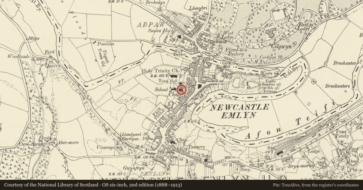Ordnance Survey six-inch map, 2nd edition (1888–1913) covering the location of Bethel Presbyterian Chapel, including School-room & Wall to Church Street, Newcastle Emlyn, Carmarthenshire, with a pin at the register's coordinates