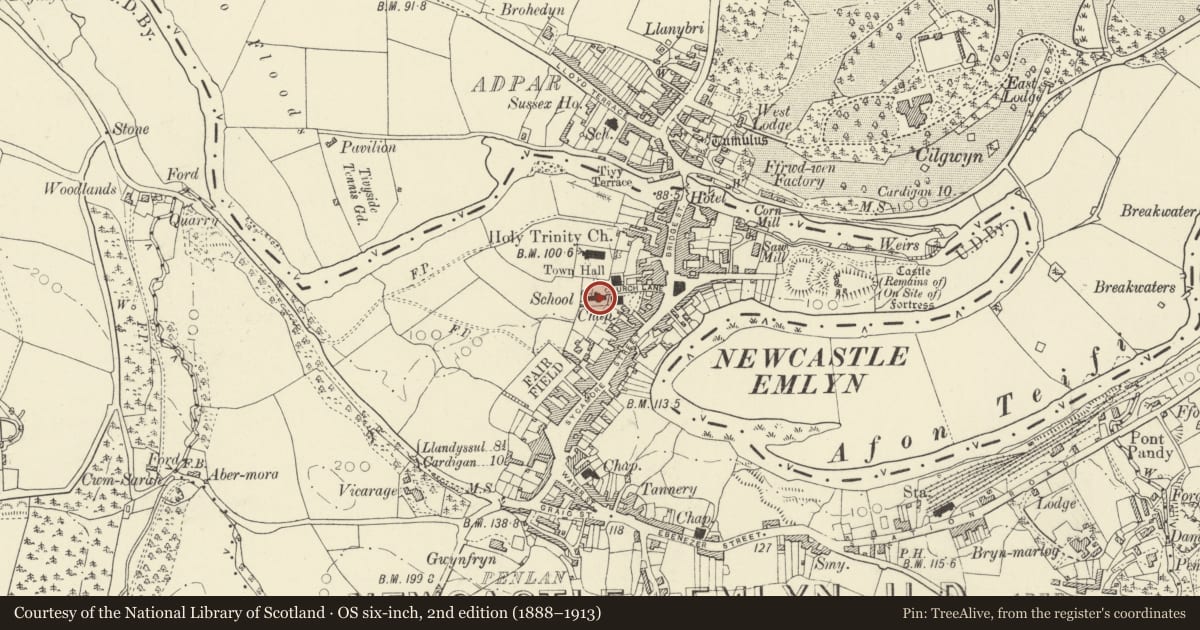Ordnance Survey six-inch map, 2nd edition (1888–1913) covering the location of Holy Trinity Church Hall (Former Church School), Newcastle Emlyn, Carmarthenshire, with a pin at the register's coordinates