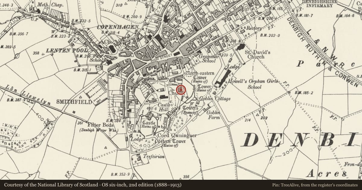 Ordnance Survey six-inch map, 2nd edition (1888–1913) covering the location of Plas Castell, also known as Castle House, Denbigh, Denbighshire, with a pin at the register's coordinates