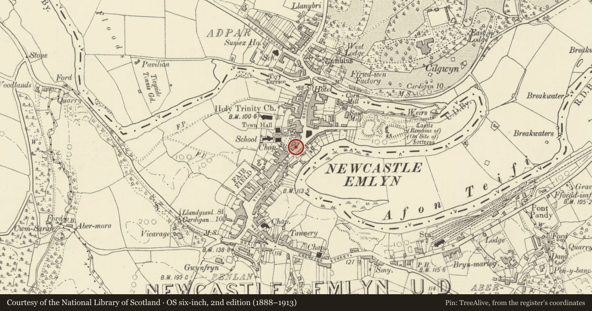 Ordnance Survey six-inch map, 2nd edition (1888–1913) covering the location of 15 Sycamore Street, Newcastle Emlyn, Carmarthenshire, with a pin at the register's coordinates