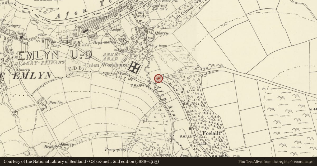 Ordnance Survey six-inch map, 2nd edition (1888–1913) covering the location of Pantyronnen, Newcastle Emlyn, Carmarthenshire, with a pin at the register's coordinates