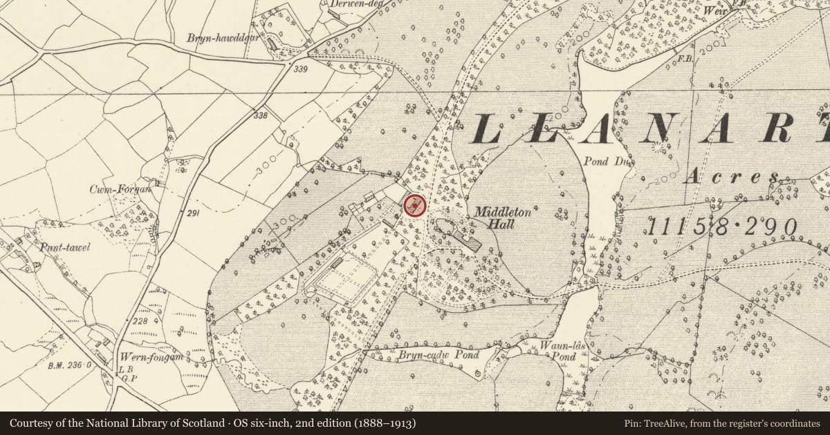 Ordnance Survey six-inch map, 2nd edition (1888–1913) covering the location of Stable Block of Middleton Hall, Llanarthney, Carmarthenshire, with a pin at the register's coordinates