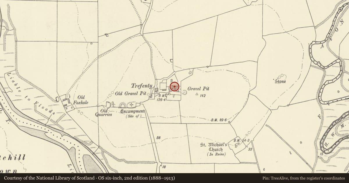 Ordnance Survey six-inch map, 2nd edition (1888–1913) covering the location of Range of outbuidings E of Trefenty farmhouse, St. Clears, Carmarthenshire, with a pin at the register's coordinates