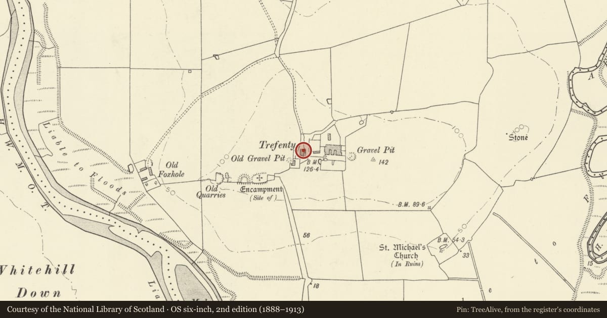 Ordnance Survey six-inch map, 2nd edition (1888–1913) covering the location of Trefenty, St. Clears, Carmarthenshire, with a pin at the register's coordinates