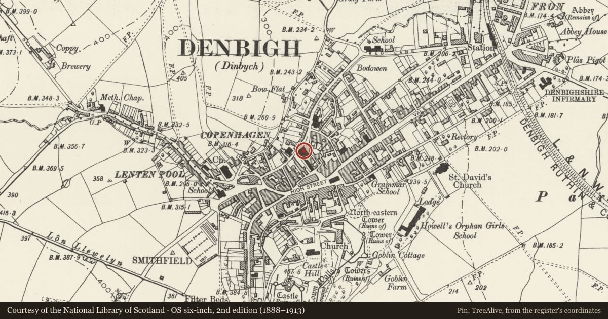 Ordnance Survey six-inch map, 2nd edition (1888–1913) covering the location of Former Butter Market (currently Bragdy Brewery), Denbigh, Denbighshire, with a pin at the register's coordinates