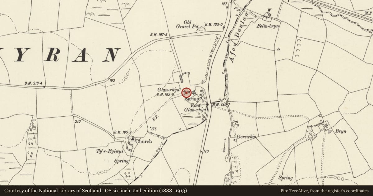 Ordnance Survey six-inch map, 2nd edition (1888–1913) covering the location of Offices & Outbuilding to W of Glanrhyd House (also known as The Court House), Clynderwen, Pembrokeshire, with a pin at the register's coordinates