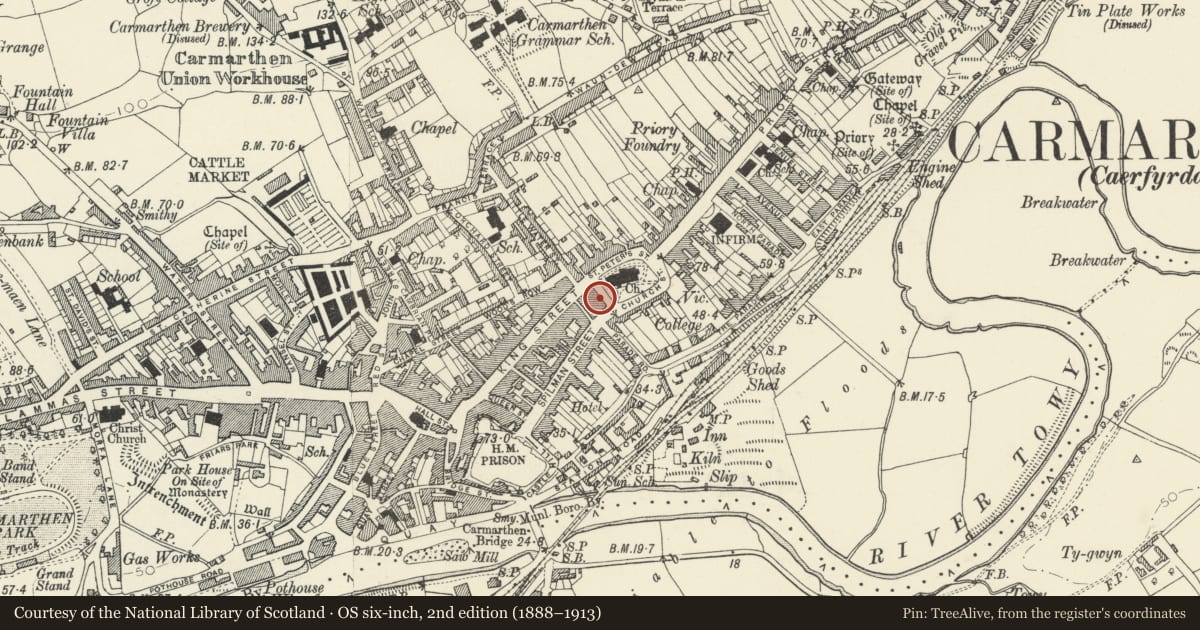 Ordnance Survey six-inch map, 2nd edition (1888–1913) covering the location of Oriel Myrddin (The Old Art School), Carmarthen, Carmarthenshire, with a pin at the register's coordinates