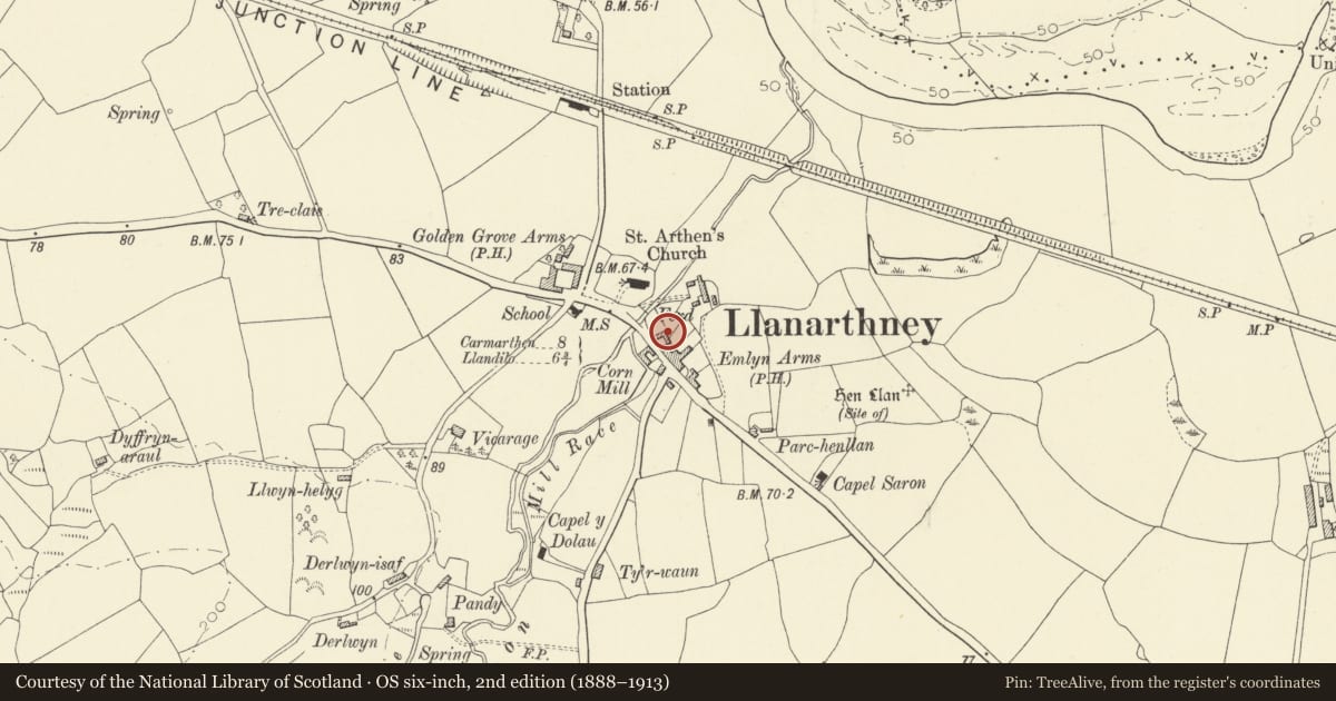 Ordnance Survey six-inch map, 2nd edition (1888–1913) covering the location of Old Smithy, Llanarthney, Carmarthenshire, with a pin at the register's coordinates