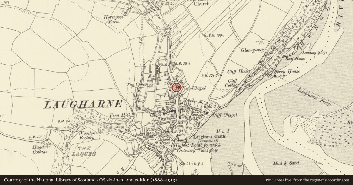 Ordnance Survey six-inch map, 2nd edition (1888–1913) covering the location of Telephone Call-box, Laugharne Township, Carmarthenshire, with a pin at the register's coordinates