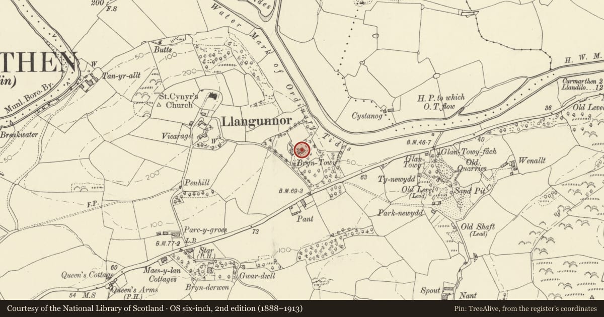 Ordnance Survey six-inch map, 2nd edition (1888–1913) covering the location of Bryn Towy Mansion, Llangunnor, Carmarthenshire, with a pin at the register's coordinates
