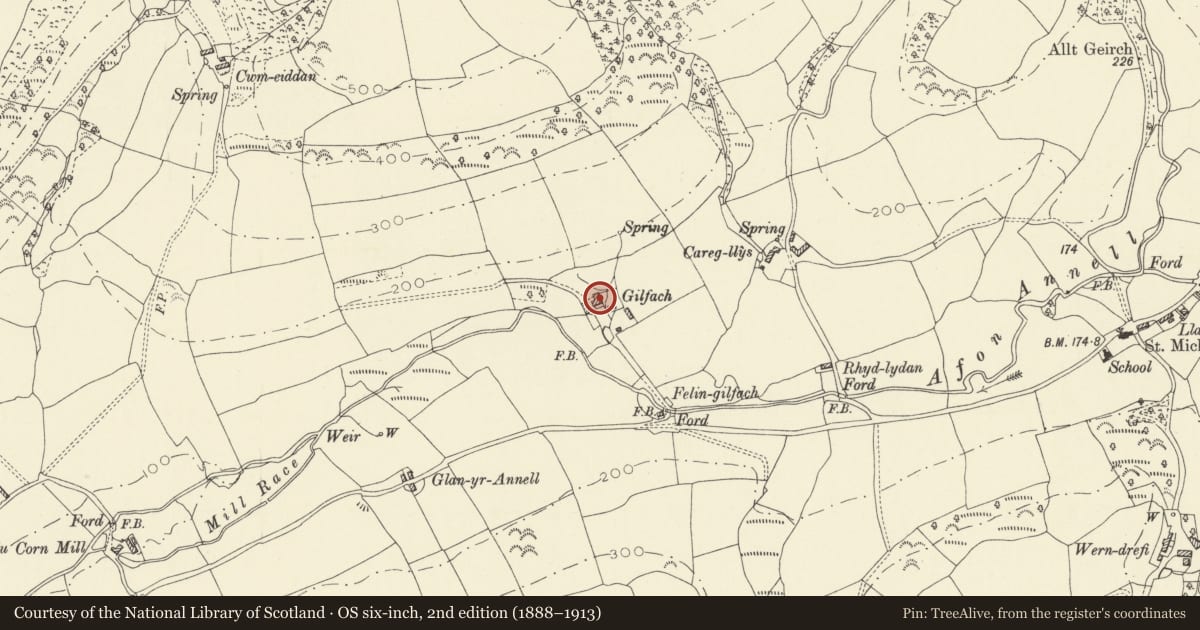 Ordnance Survey six-inch map, 2nd edition (1888–1913) covering the location of Gilfach y Berthog, Abergwili, Carmarthenshire, with a pin at the register's coordinates