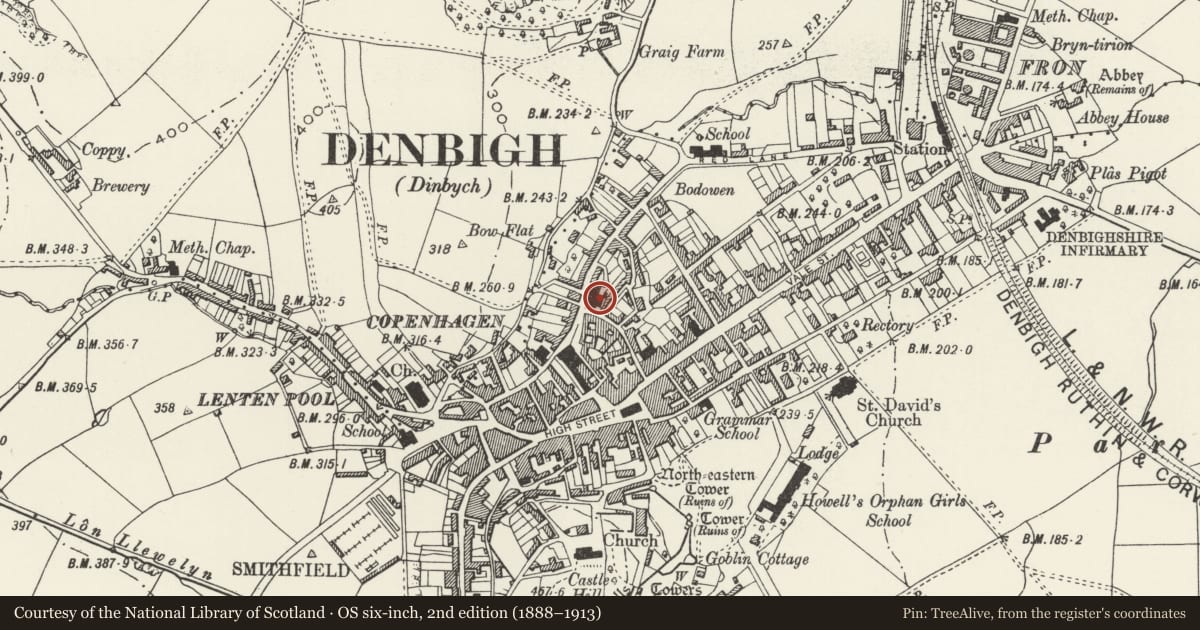Ordnance Survey six-inch map, 2nd edition (1888–1913) covering the location of Capel Mawr including associated School-room and forecourt railings, Denbigh, Denbighshire, with a pin at the register's coordinates