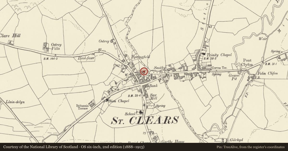 Ordnance Survey six-inch map, 2nd edition (1888–1913) covering the location of Island House, St. Clears, Carmarthenshire, with a pin at the register's coordinates