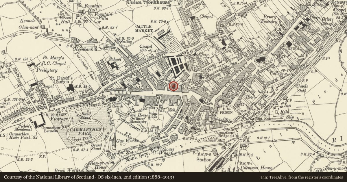 Ordnance Survey six-inch map, 2nd edition (1888–1913) covering the location of English Baptist Church, Carmarthen, Carmarthenshire, with a pin at the register's coordinates