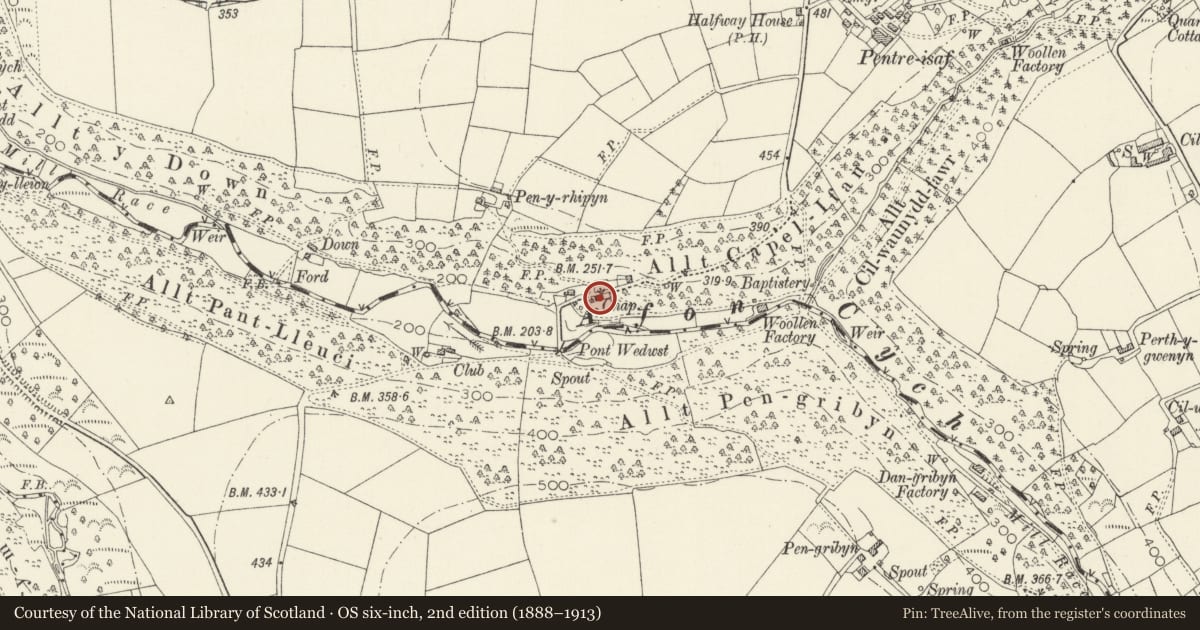 Ordnance Survey six-inch map, 2nd edition (1888–1913) covering the location of Rehoboth Chapel, Cenarth, Carmarthenshire, with a pin at the register's coordinates