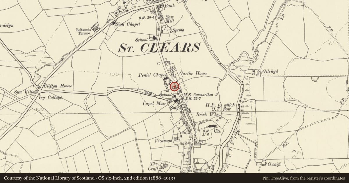 Ordnance Survey six-inch map, 2nd edition (1888–1913) covering the location of Gothic Villa, St. Clears, Carmarthenshire, with a pin at the register's coordinates