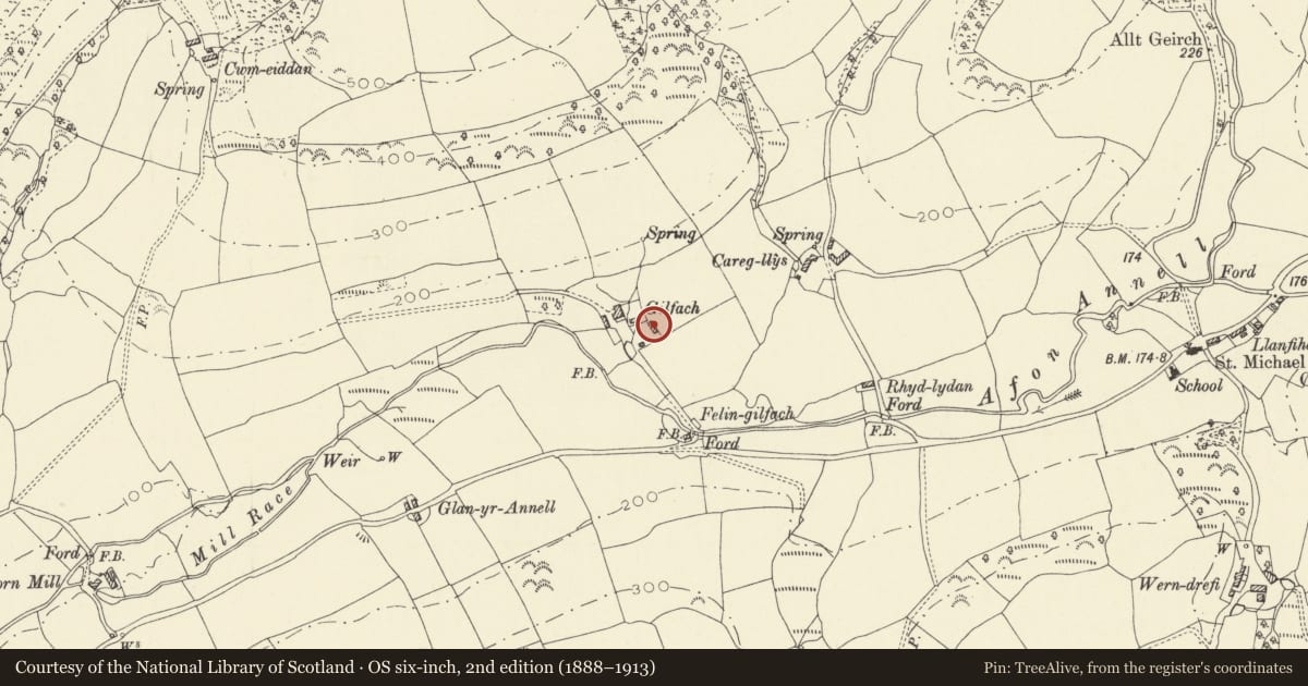 Ordnance Survey six-inch map, 2nd edition (1888–1913) covering the location of Barn to SE of Gilfach y Berthog, Abergwili, Carmarthenshire, with a pin at the register's coordinates