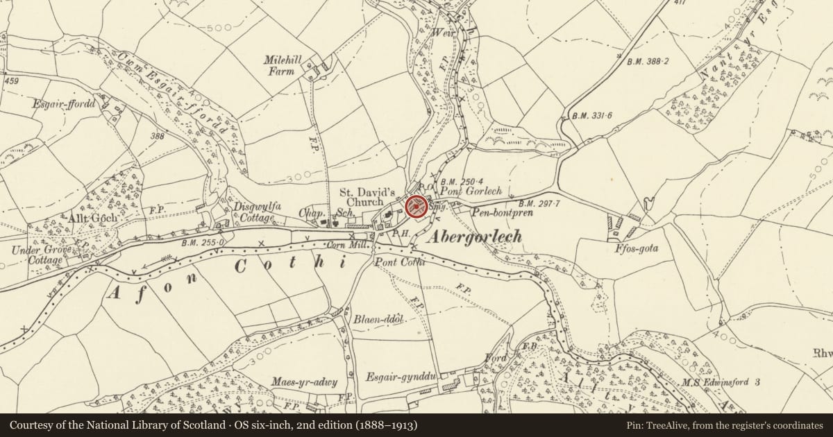 Ordnance Survey six-inch map, 2nd edition (1888–1913) covering the location of Ty Mawr, Llanfihangel Rhos-y-Corn, Carmarthenshire, with a pin at the register's coordinates