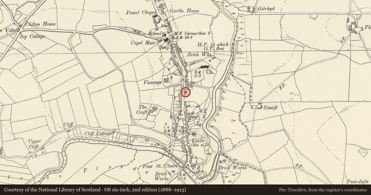 Ordnance Survey six-inch map, 2nd edition (1888–1913) covering the location of Telephone Call-box, St. Clears, Carmarthenshire, with a pin at the register's coordinates