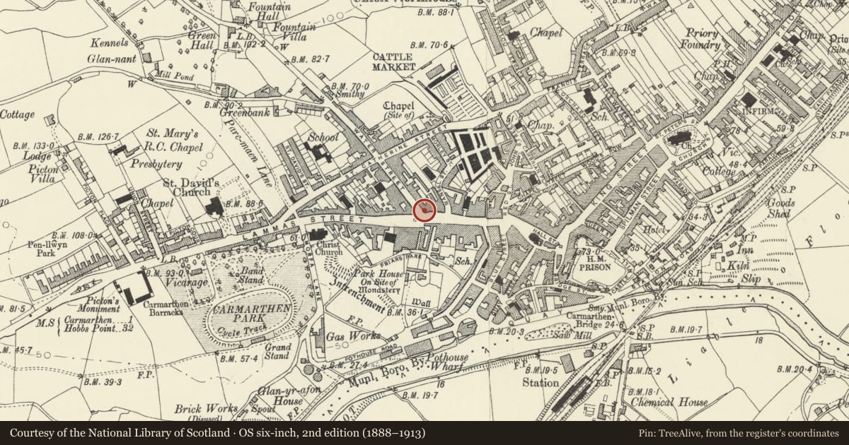 Ordnance Survey six-inch map, 2nd edition (1888–1913) covering the location of 18 Lammas Street, Carmarthen, Carmarthenshire, with a pin at the register's coordinates