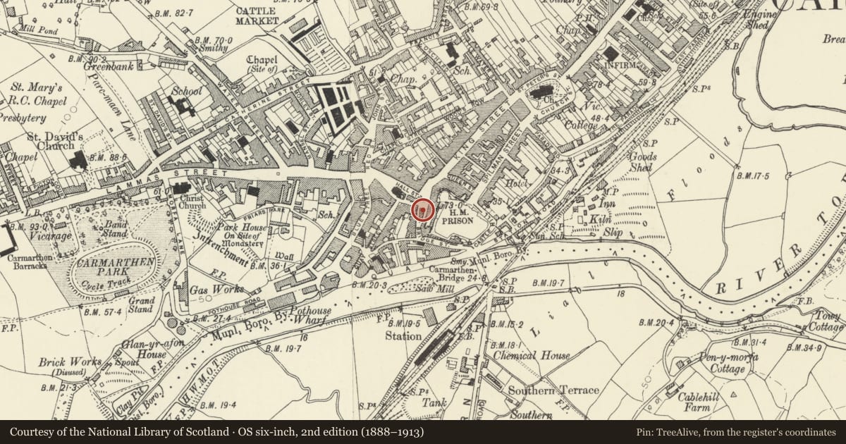 Ordnance Survey six-inch map, 2nd edition (1888–1913) covering the location of The Angel Vaults, Carmarthen, Carmarthenshire, with a pin at the register's coordinates