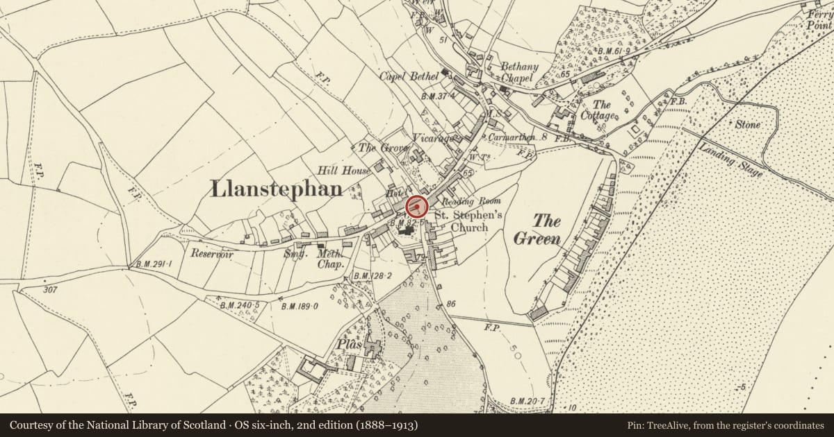 Ordnance Survey six-inch map, 2nd edition (1888–1913) covering the location of Telephone Call-box outside the Old Pound, Llansteffan, Carmarthenshire, with a pin at the register's coordinates